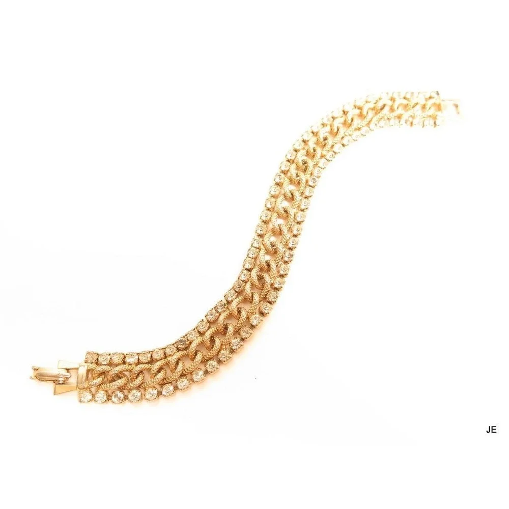 Triple‎ Row Vintage Clear Rhinestone Gold Plated Chain Link Center Bracelet*A717